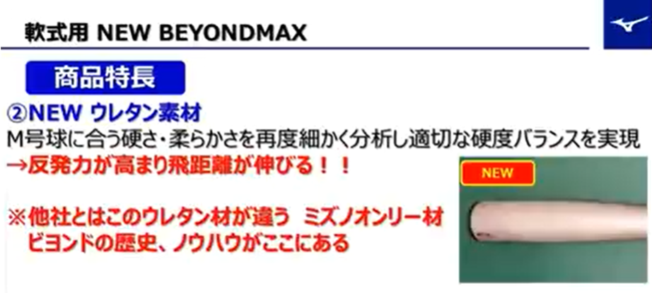 商品特長②New ウレタン素材。M号球に合う硬さ・柔らかさを再度細かく分析し適切な硬度バランスを実現→反発力が高まり飛距離が伸びる!※他社とはこのウレタン素材が違う、ミズノオンリー材。ビヨンドマックスの歴史、ノウハウがここにある!