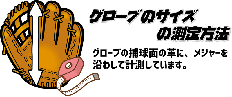 グローブのサイズの測定方法。グローブの捕球面の革に、メジャーを沿わして計測しています。